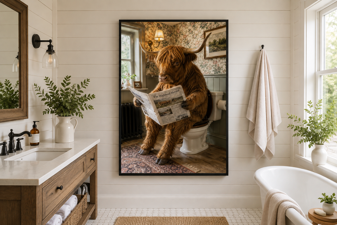 Framed wall art of a Highland cow reading a newspaper on a toilet in a rustic bathroom.