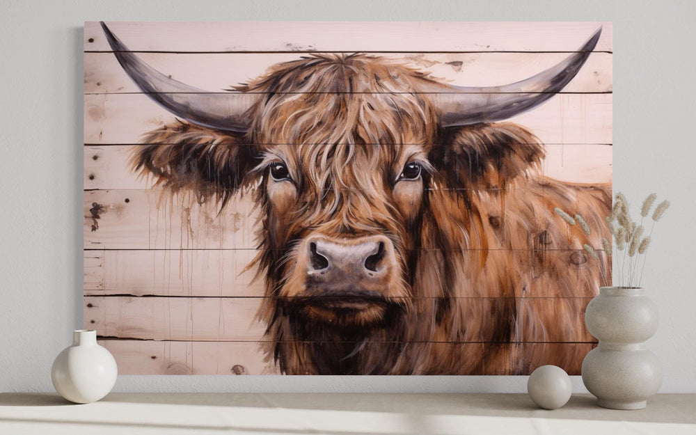 Highland Cow Painted On Wood Framed Canvas Wall Art close up