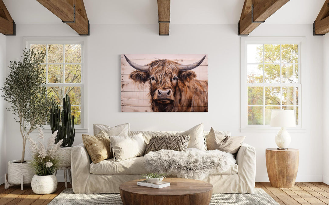 Highland Cow Painted On Wood Framed Canvas Wall Art