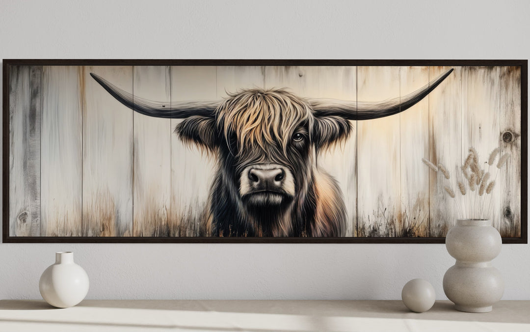 Highland Cow Painted On Wood Horizontal Rustic Wall Art