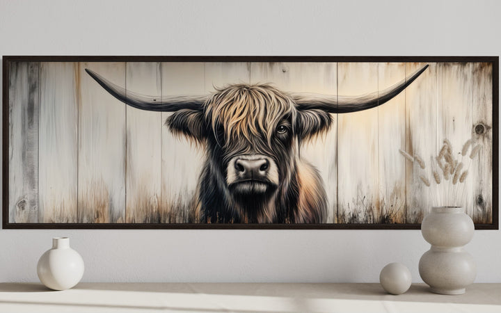 Highland Cow Painted On Wood Horizontal Rustic Wall Art