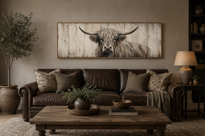 Horizontal rustic wall art featuring a Highland cow painted on a weathered wood background.