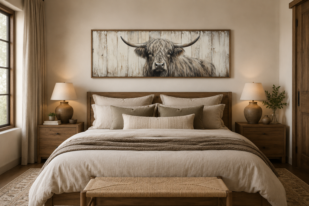 Horizontal rustic wall art of a Highland cow painted on a weathered wood background above a bed.