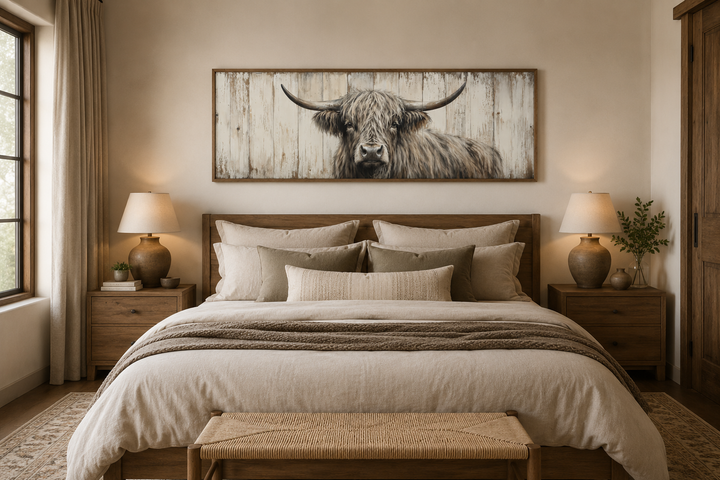 Horizontal rustic wall art of a Highland cow painted on a weathered wood background above a bed.