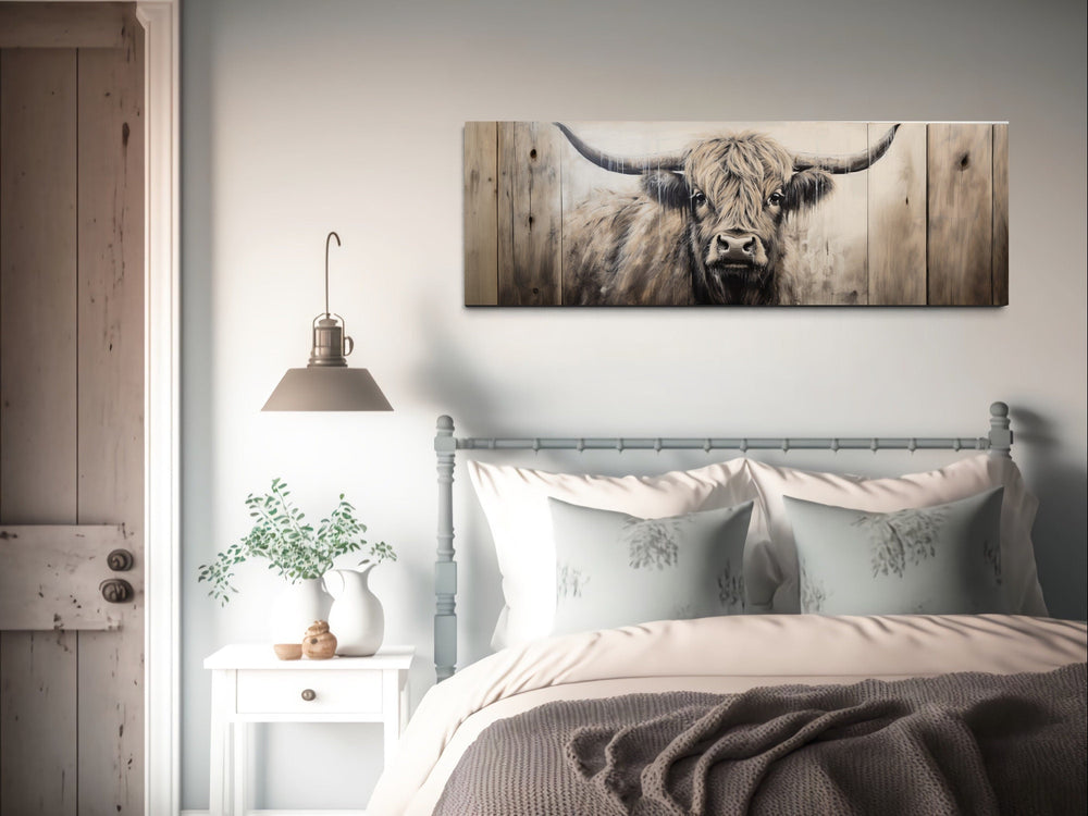 Highland Cow Painted On Wood Horizontal Rustic Wall Art above rustic bed