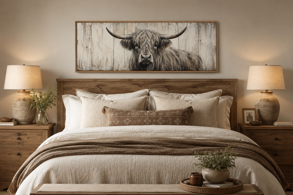 Highland cow painted on horizontal rustic wood wall art hanging above a bed in a cozy bedroom.