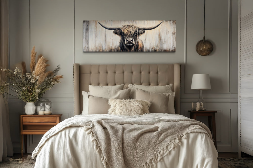 Highland Cow Painted On Wood Horizontal Rustic Wall Art