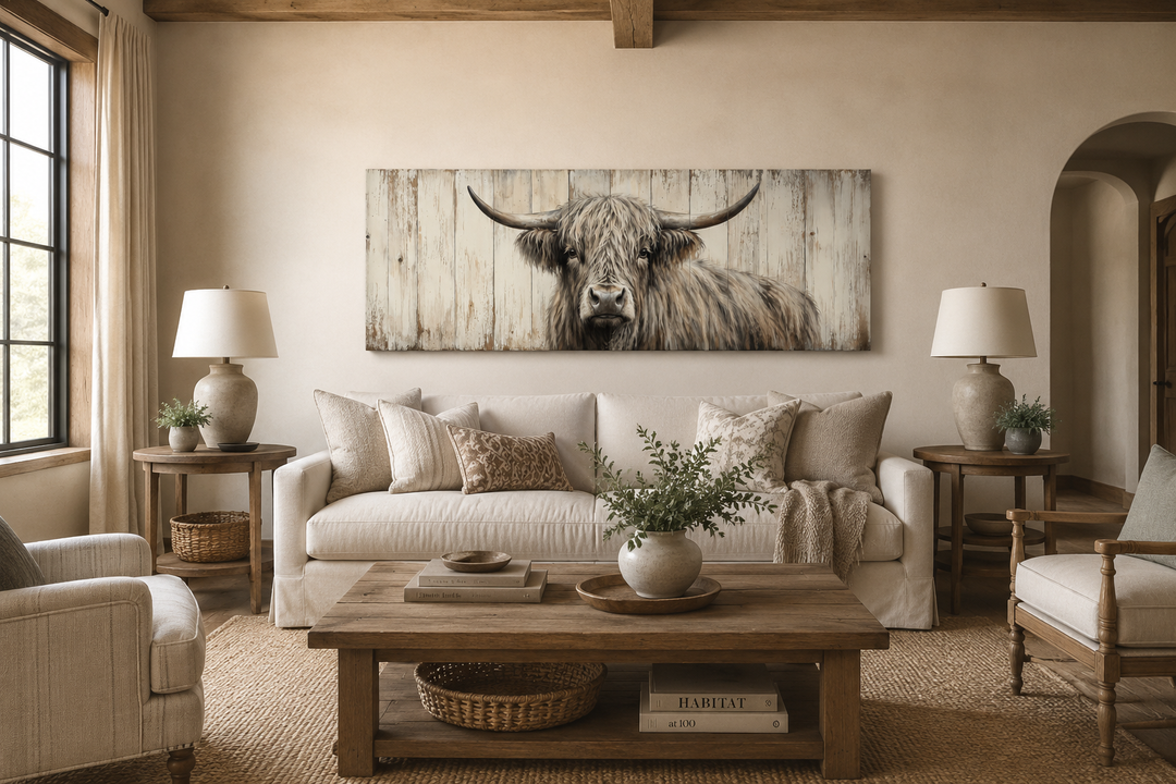 Horizontal rustic wall art of a Highland cow painted on weathered wood panels above a white sofa.