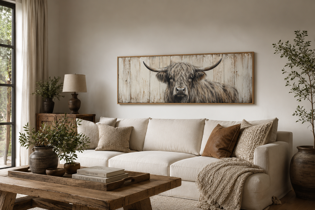 Horizontal rustic wall art featuring a Highland cow painted on a weathered wood background.