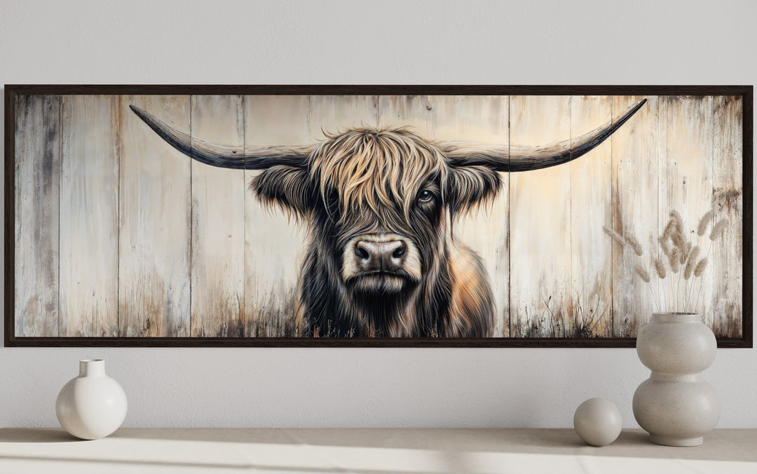 Highland Cow Painted On Wood Horizontal Rustic Wall Art