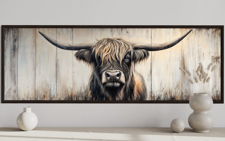 Highland Cow Painted On Wood Horizontal Rustic Wall Art