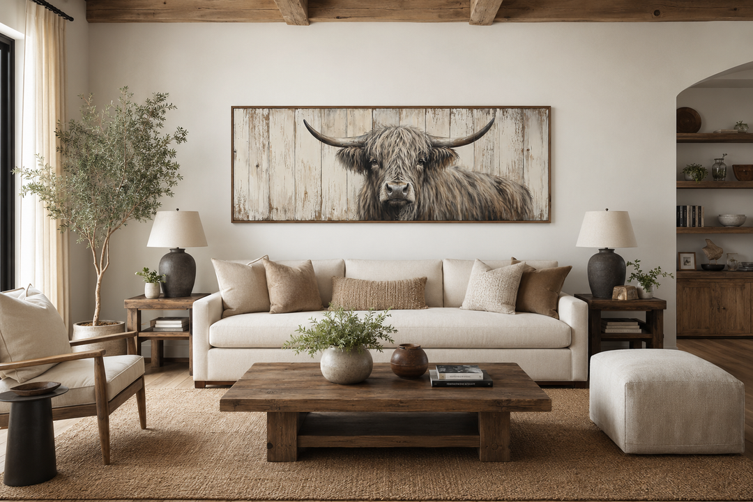 Highland cow painted on horizontal rustic wood wall art hanging above a cream sofa in a living room.