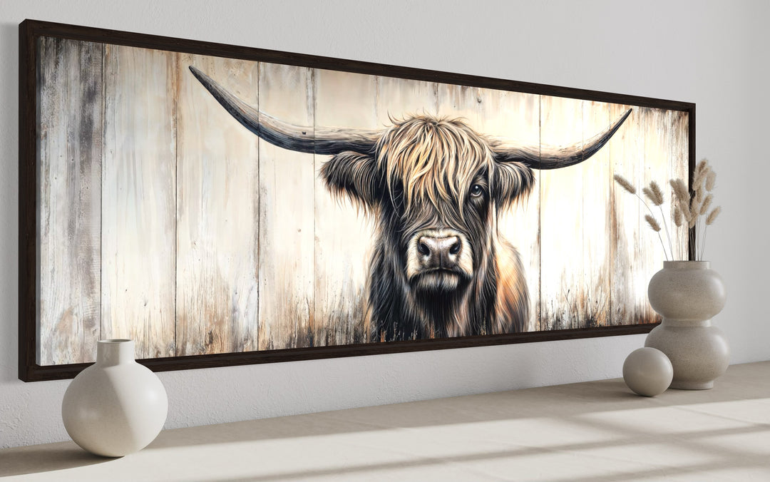 Highland Cow Painted On Wood Horizontal Rustic Wall Art
