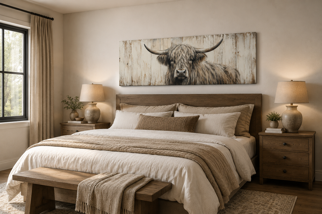 Horizontal rustic wall art featuring a Highland cow painted on a weathered wood-plank background.