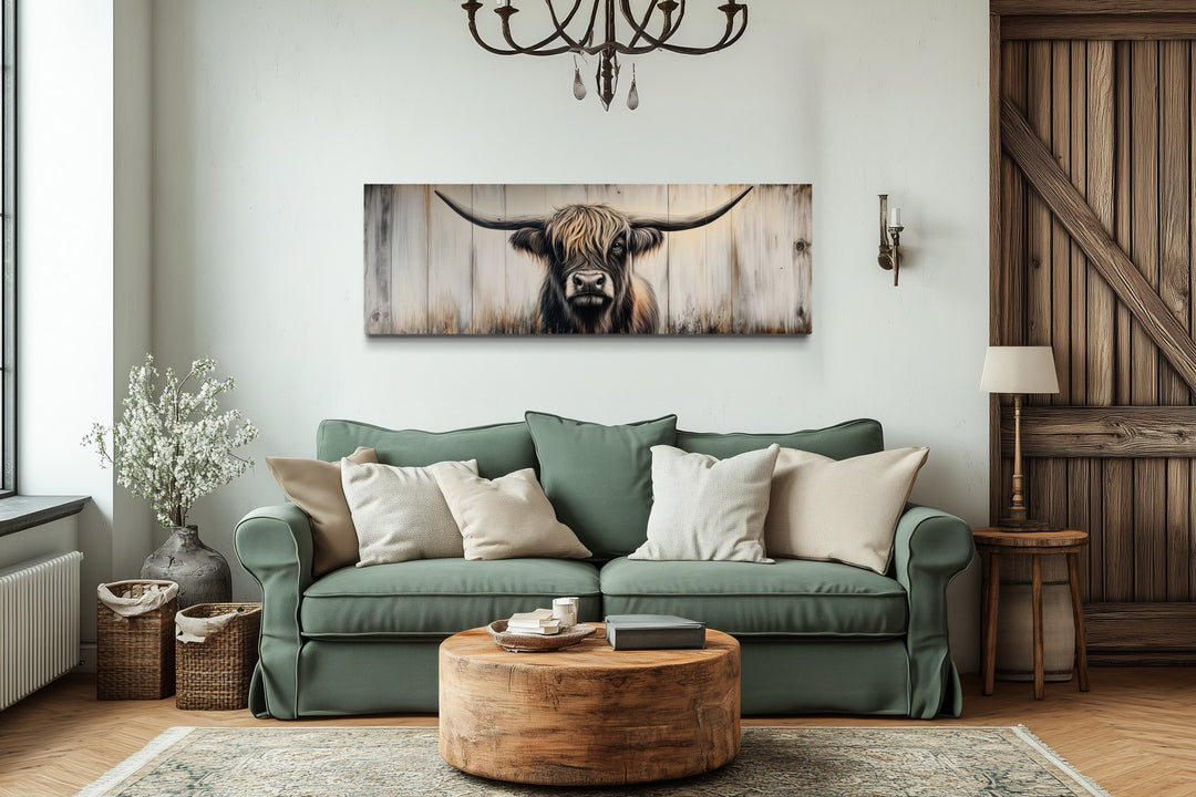 Highland Cow Painted On Wood Horizontal Rustic Wall Art