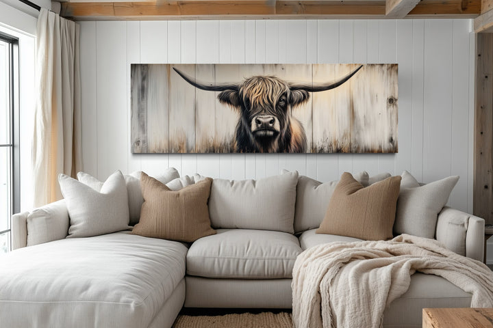 Highland Cow Painted On Wood Horizontal Rustic Wall Art