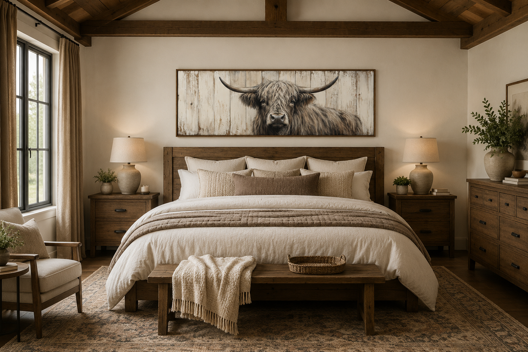 Highland cow painted on horizontal rustic wood wall art hanging above a bed in a farmhouse bedroom.