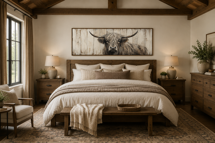 Highland cow painted on horizontal rustic wood wall art hanging above a bed in a farmhouse bedroom.