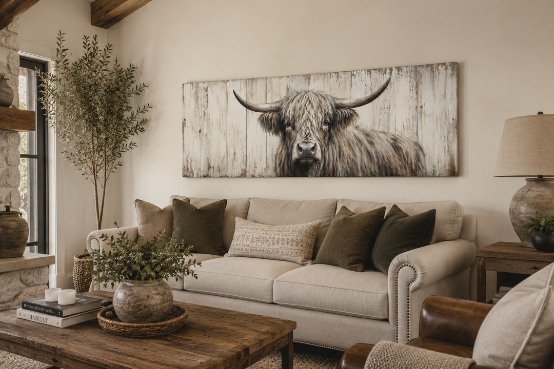 Horizontal rustic wall art featuring a Highland cow painted on a weathered wood plank background.
