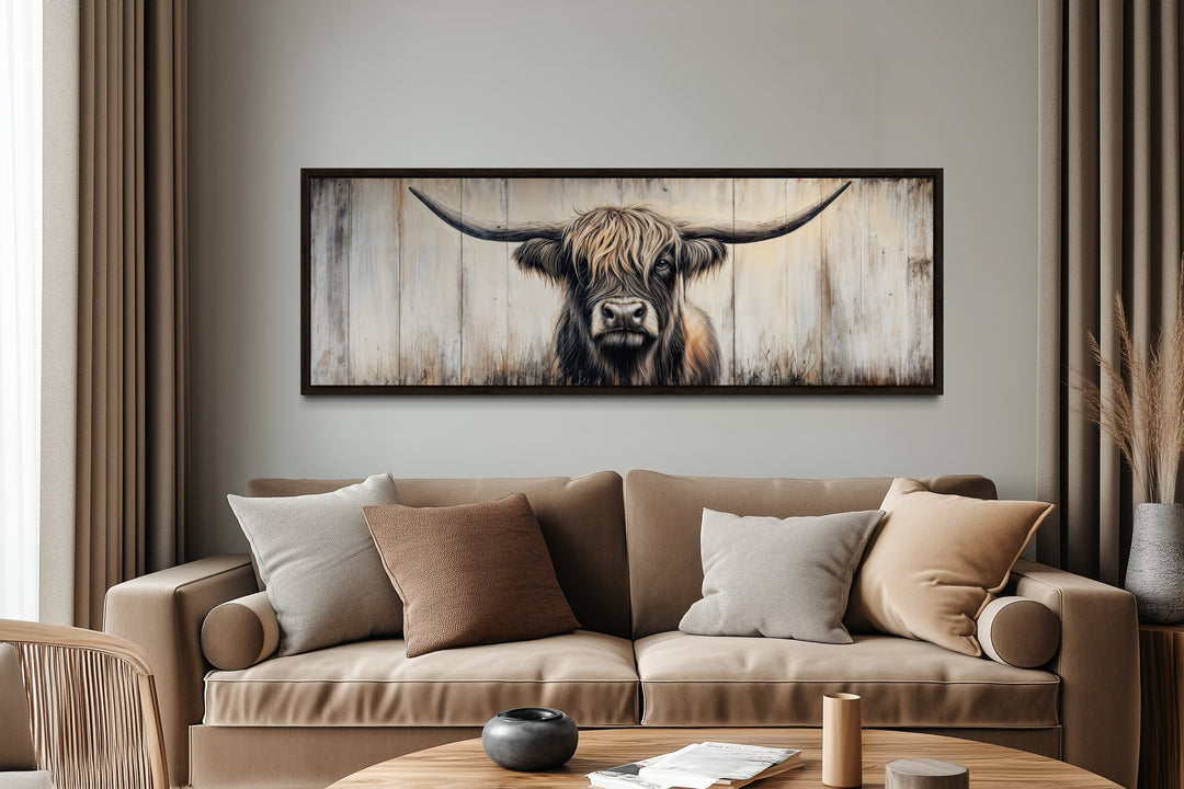 Highland Cow Painted On Wood Horizontal Rustic Wall Art
