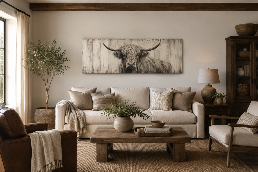 Horizontal rustic wall art featuring a Highland cow painted on a weathered wood-plank background.