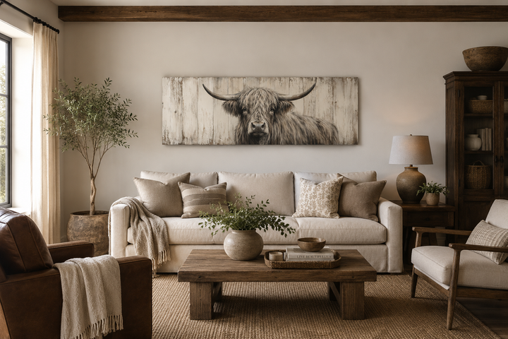 Horizontal rustic wall art featuring a Highland cow painted on a weathered wood-plank background.