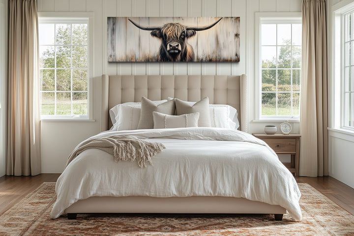 Highland Cow Painted On Wood Horizontal Rustic Wall Art