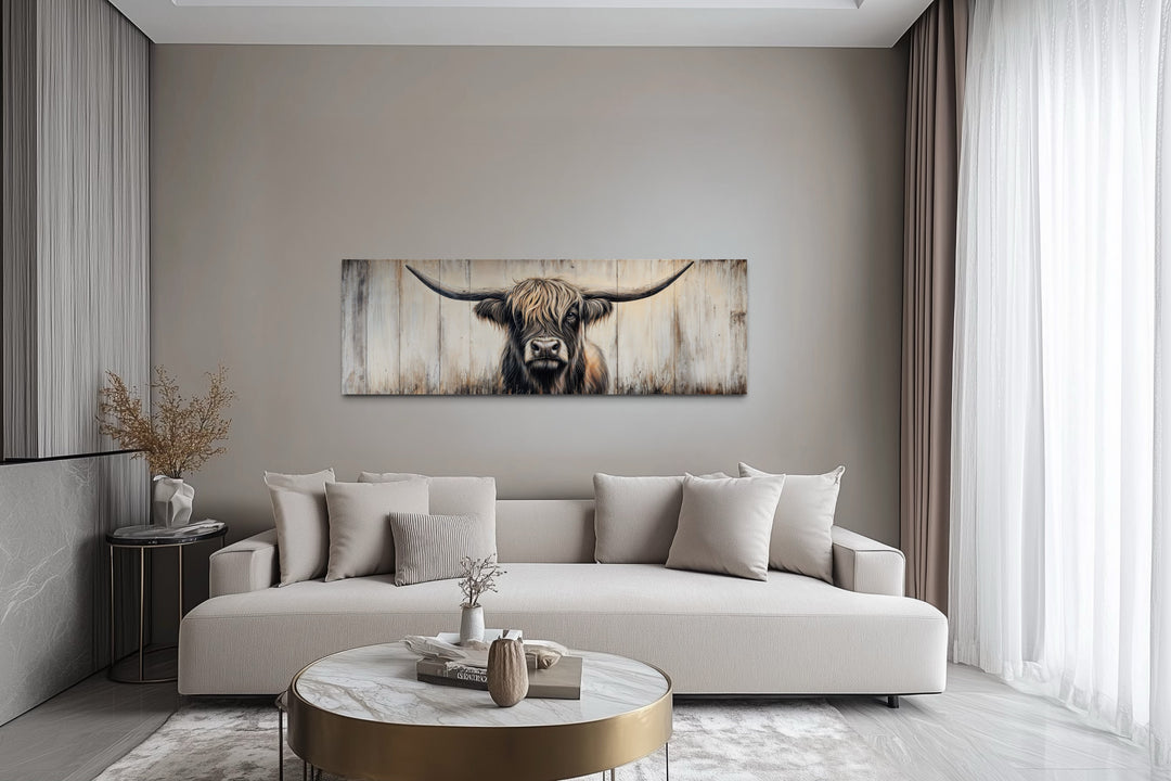 Highland Cow Painted On Wood Horizontal Rustic Wall Art