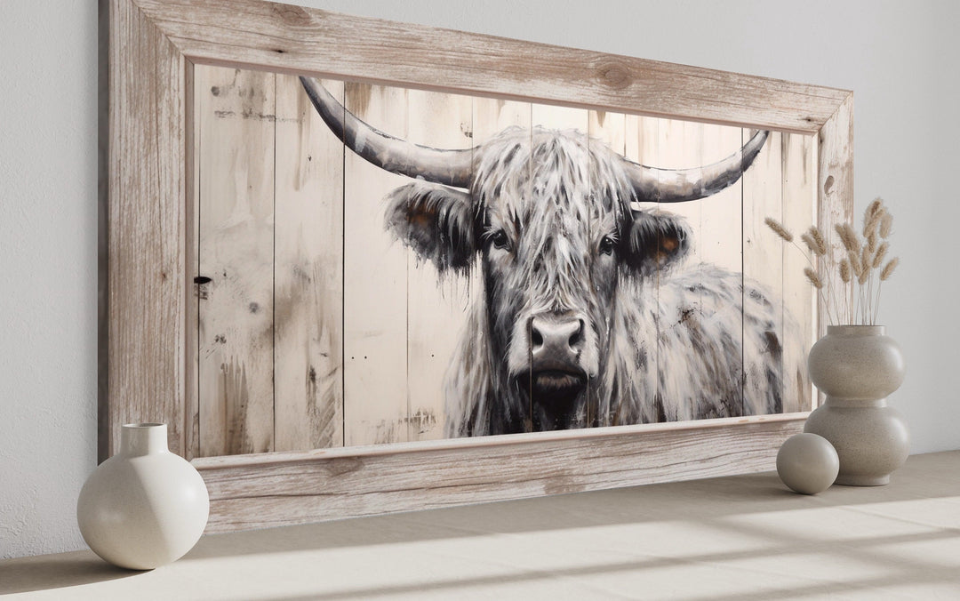 Highland Cow Painted On Wood Rustic Farmhouse Framed Canvas Wall Art