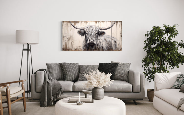 Highland Cow Painted On Wood Rustic Farmhouse Framed Canvas Wall Art