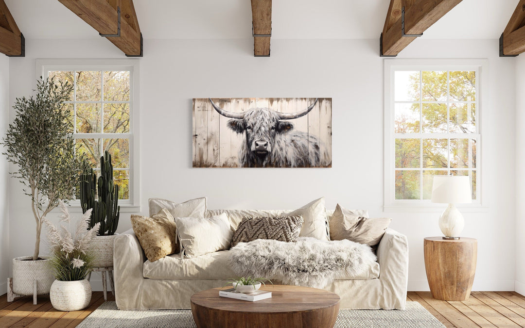 Highland Cow Painted On Wood Rustic Farmhouse Framed Canvas Wall Art