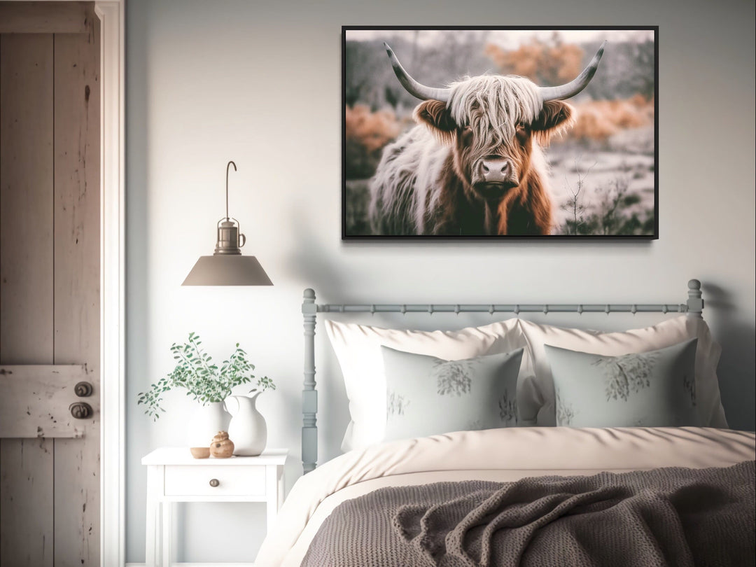 Highland Cow Photography Framed Canvas Wall Art In Sepia Colors