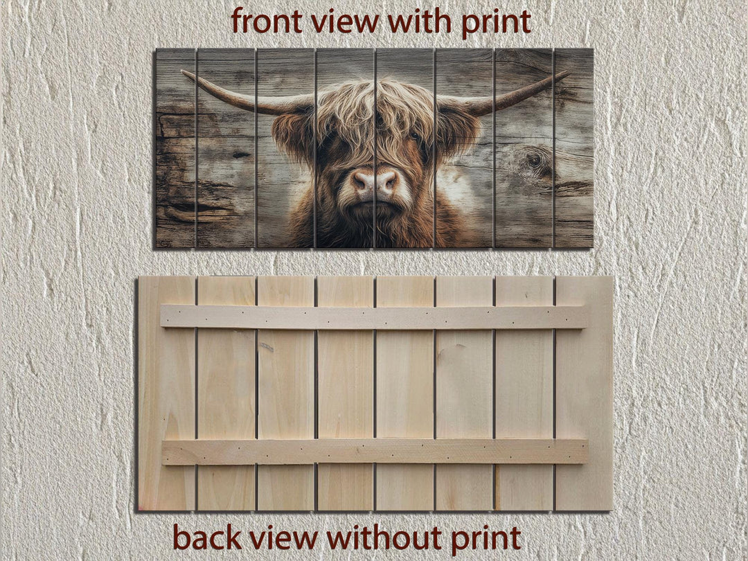 Front and back views of a rustic Highland cow portrait printed on horizontal wooden planks.