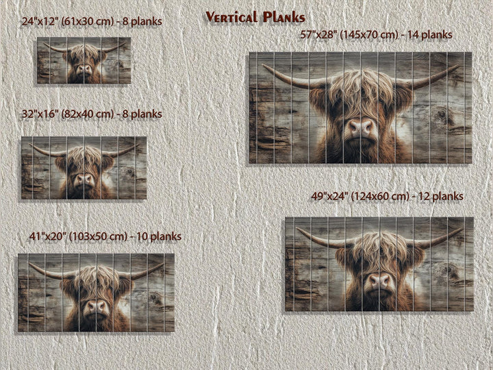 A rustic Highland cow portrait printed on vertical wood planks, available in five different sizes.