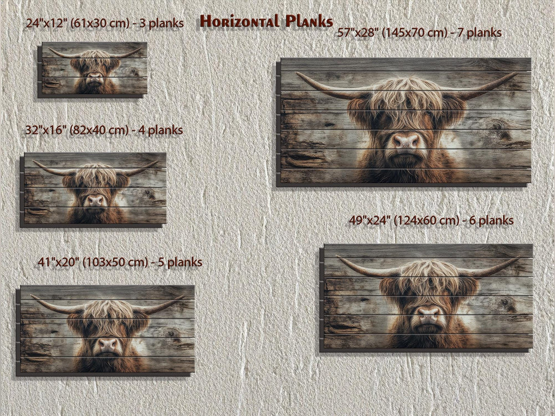 Rustic Highland cow portrait printed on horizontal wooden planks in five different size options.
