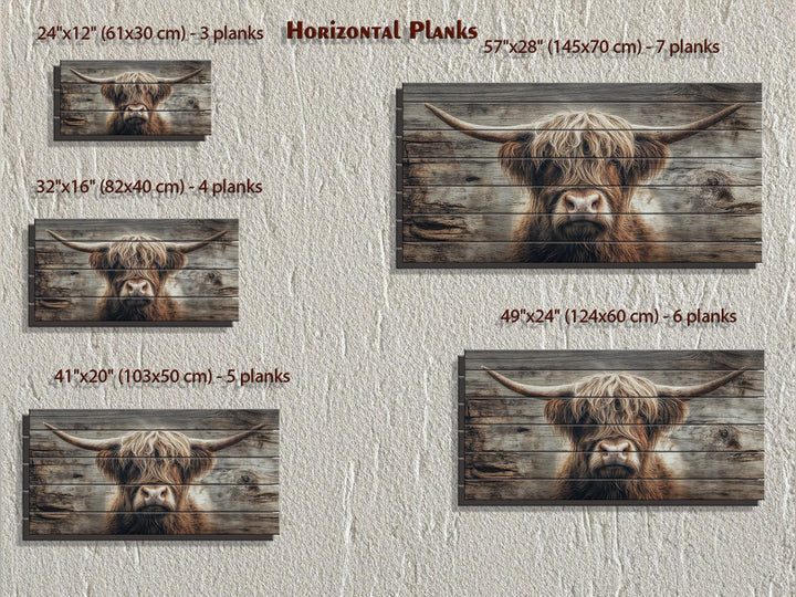Rustic Highland cow portrait printed on horizontal wooden planks in five different size options.