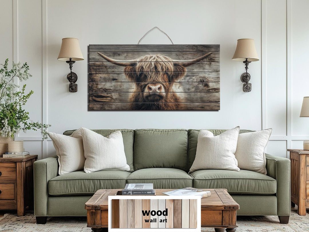 A large horizontal wood wall art piece featuring a rustic Highland cow portrait above a green sofa.