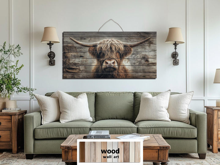 A large horizontal wood wall art piece featuring a rustic Highland cow portrait above a green sofa.
