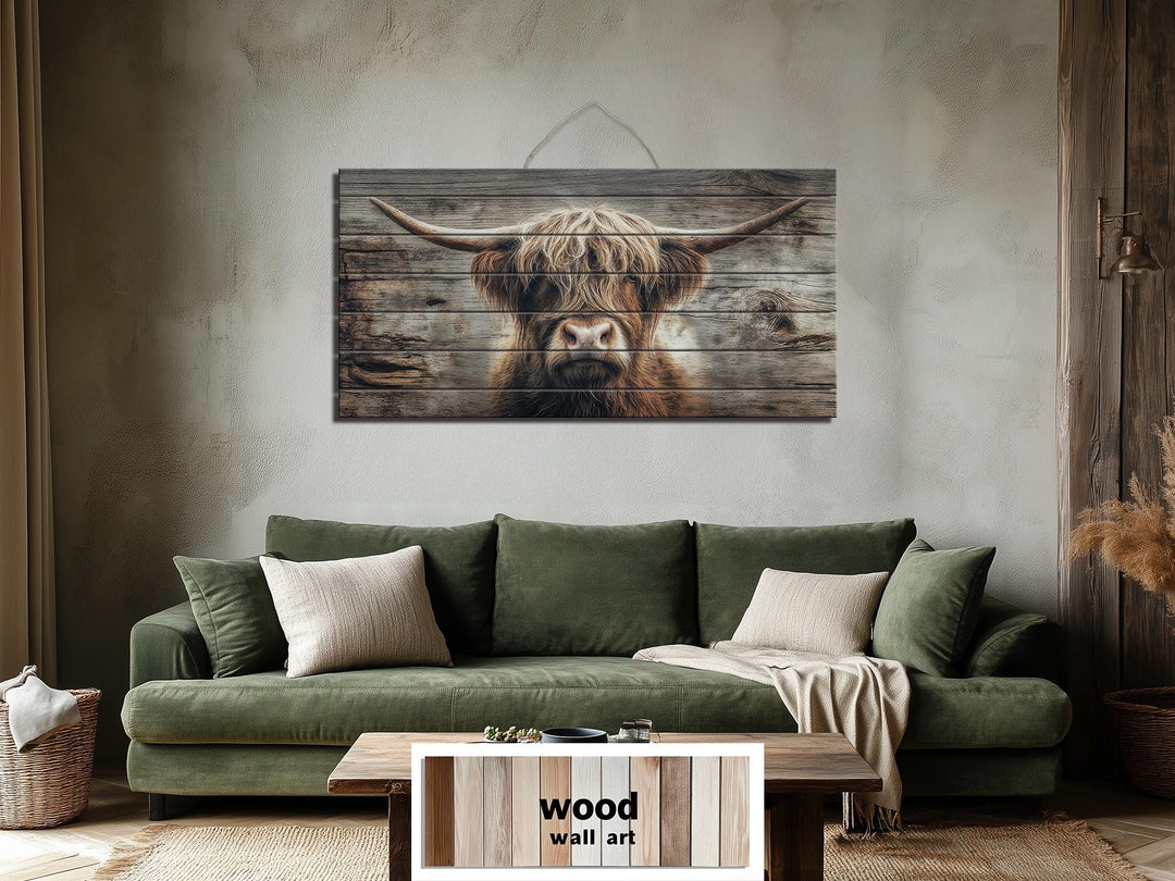 Rustic Highland cow portrait printed on horizontal wooden planks, hanging above a green sofa.
