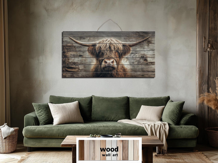 Rustic Highland cow portrait printed on horizontal wooden planks, hanging above a green sofa.