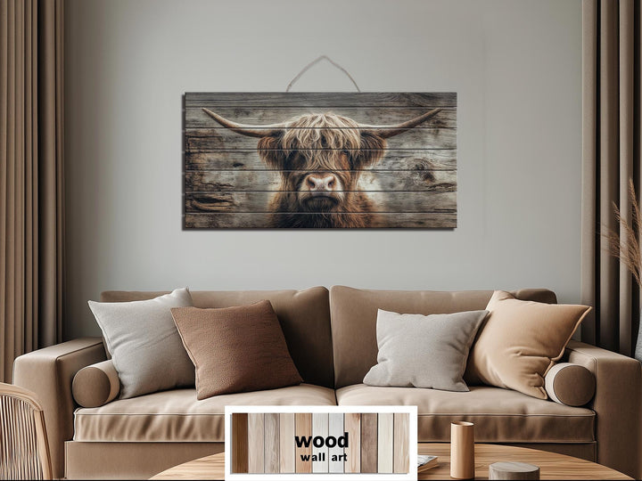 Horizontal wood wall art featuring a rustic Highland cow portrait above a tan sofa.