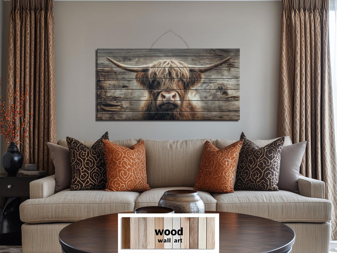 Horizontal wood wall art featuring a rustic Highland cow portrait on natural wooden planks.