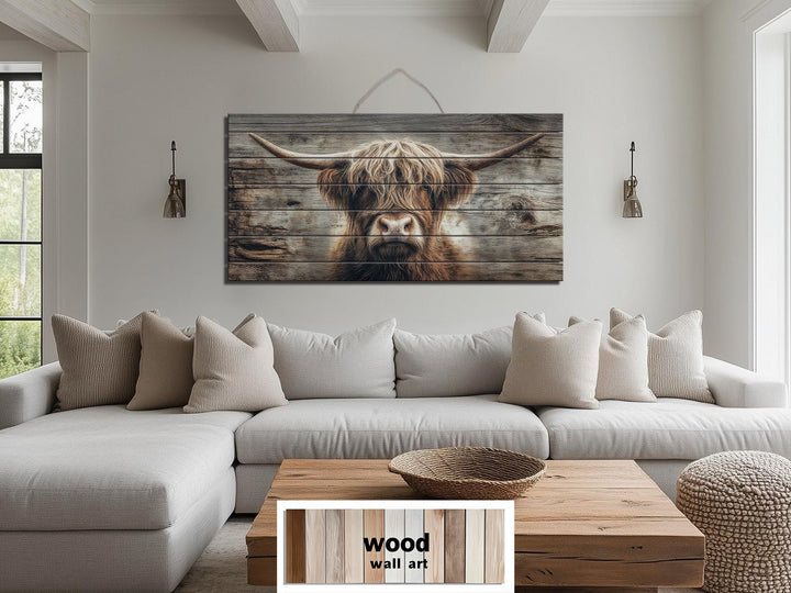 Large horizontal wood wall art featuring a rustic Highland cow portrait on natural planks.