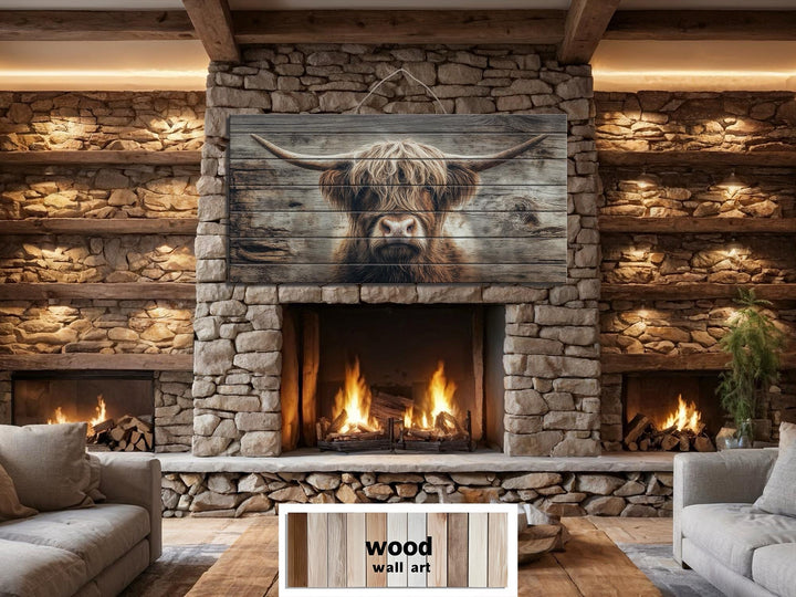 Large horizontal wood wall art featuring a rustic Highland cow portrait above a stone fireplace.