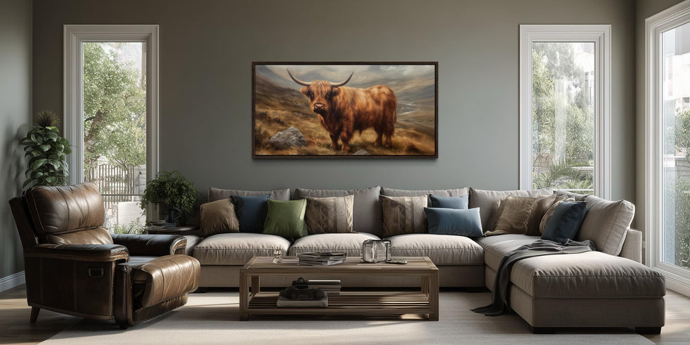 A framed canvas print of a rustic highland cow hangs above a modern sectional sofa in a living room.