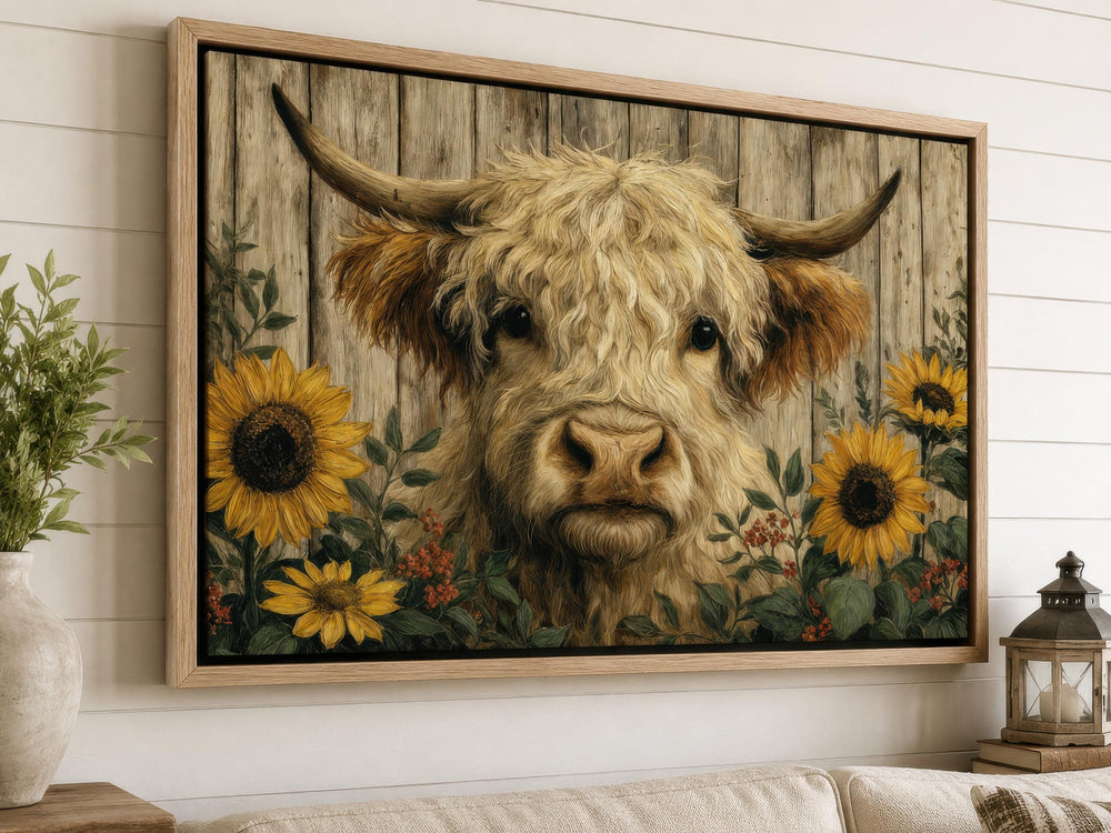 Framed canvas print of a shaggy Highland cow with sunflowers against a rustic wood background.