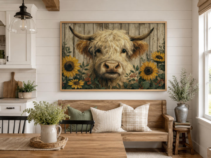 A framed canvas print of a fluffy Highland cow with sunflowers in a rustic farmhouse dining room.