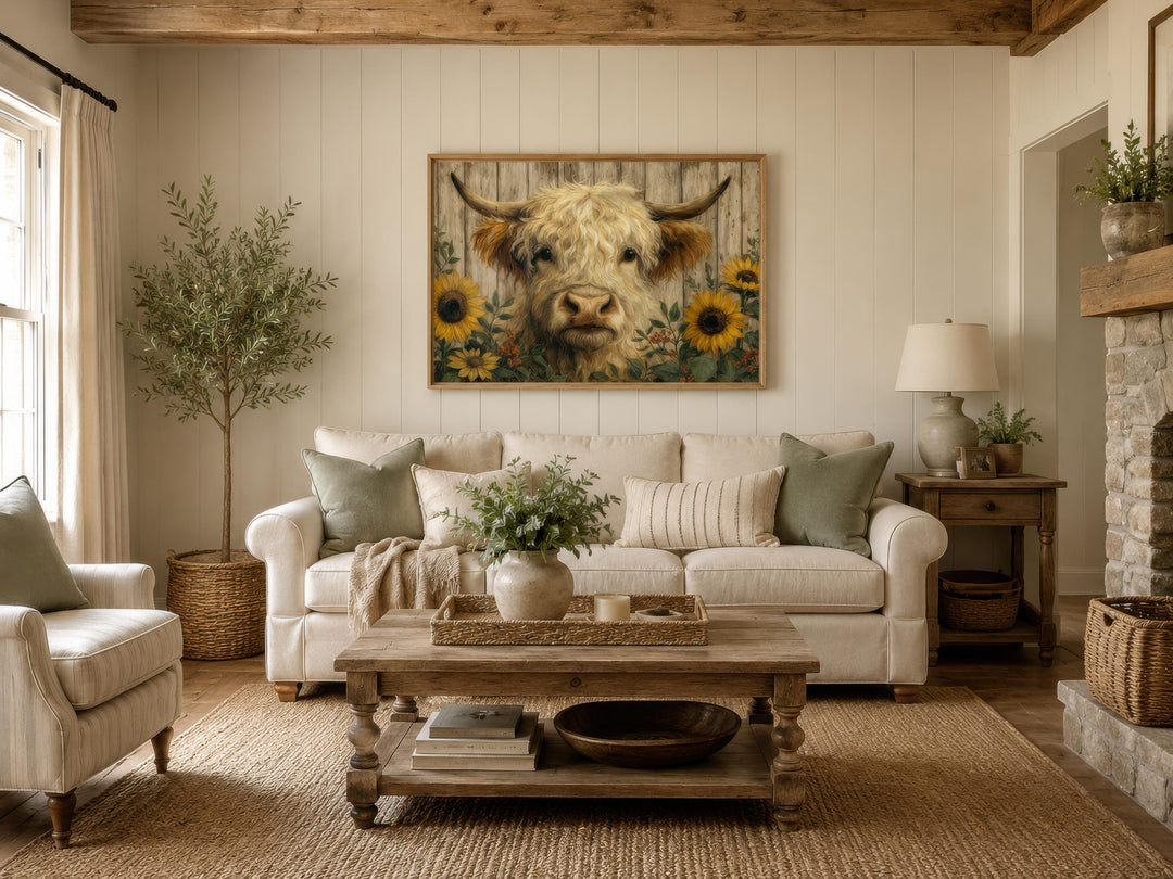 A rustic canvas print of a fluffy Highland cow with sunflowers hangs in a farmhouse living room.