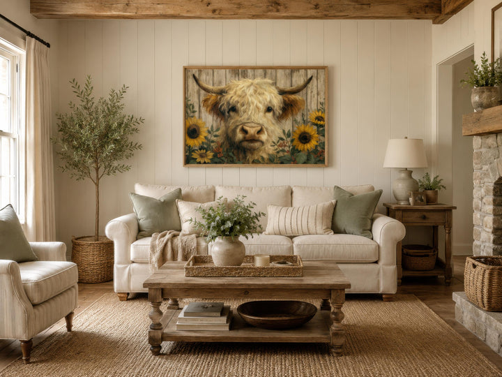 A rustic canvas print of a fluffy Highland cow with sunflowers hangs in a farmhouse living room.