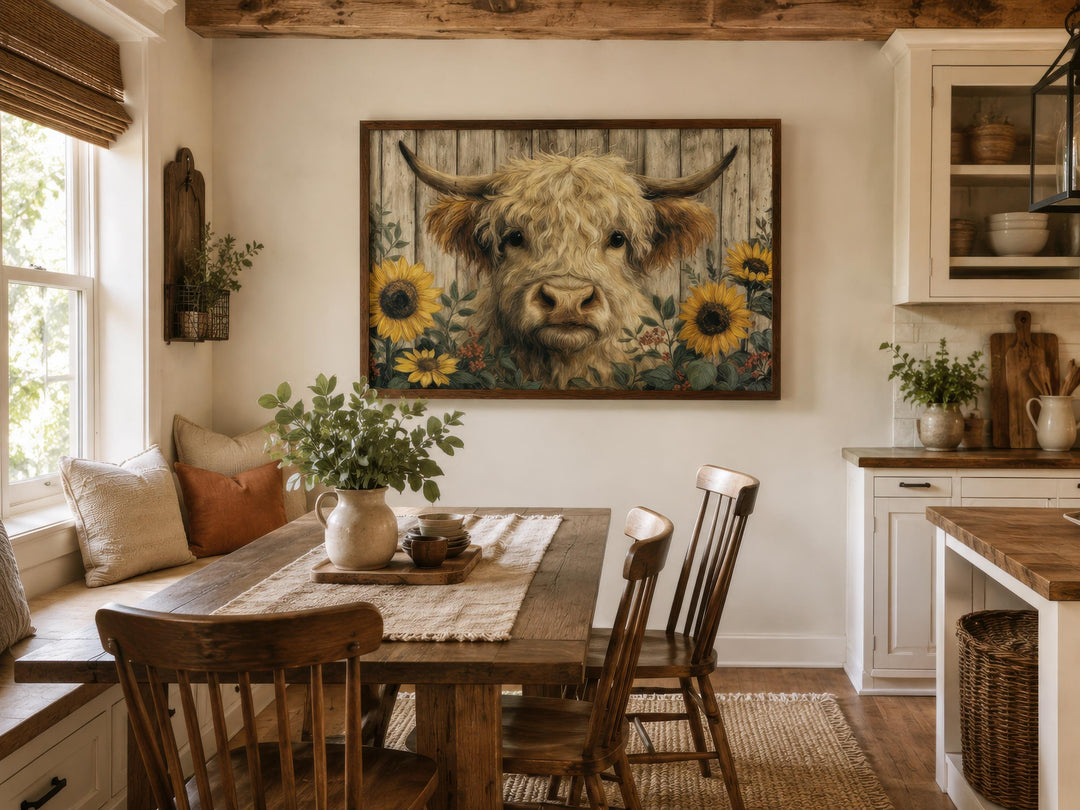 Highland cow canvas print with sunflowers in a rustic farmhouse dining room setting.